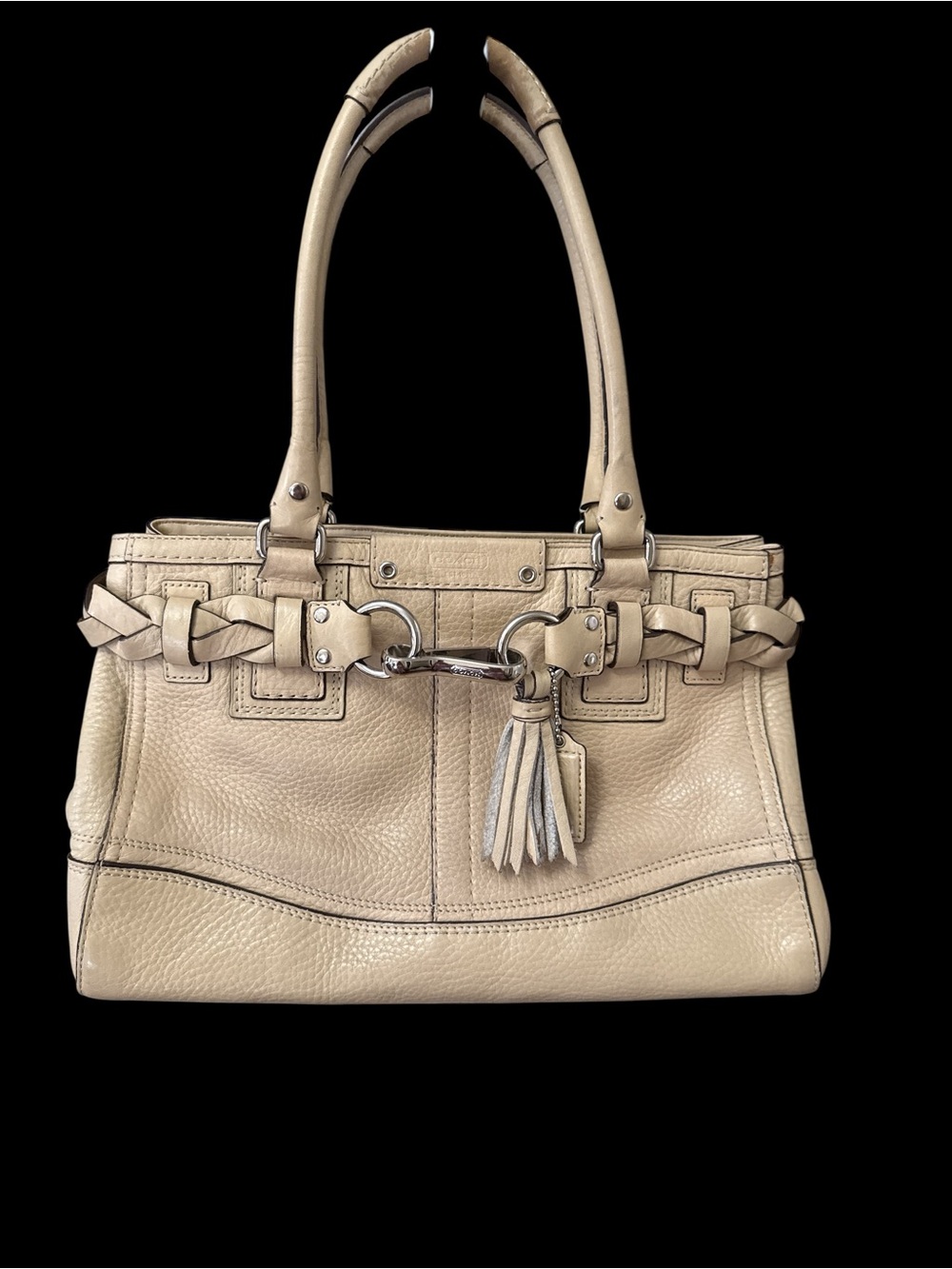 Coach Hampton Beige Braided-Trim Shoulder Bag with Tassel